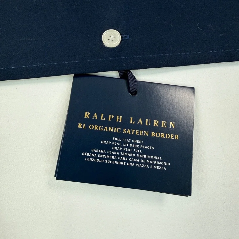 Ralph Lauren Full Flat Sheet Polo Navy White Organic Sateen Border 624TC NEW